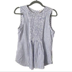 NWT beachlunchlounge Blue/White Striped Linen Blend Smocked Tank Top